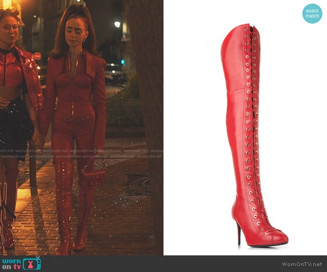 Maison Ernest Bandit Thigh-Hight Boots in Red Matte Leather worn by Emily Cooper (Lily Collins) on Emily in Paris