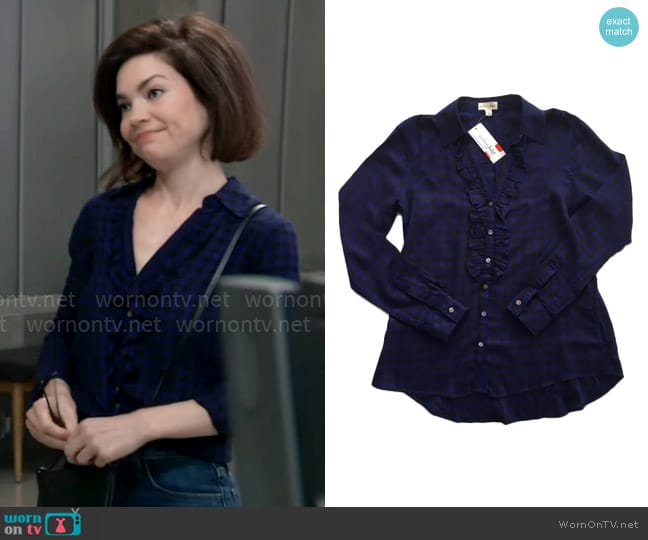 Maison Jules Ruffle Front Button Down Top worn by Elizabeth Webber (Rebecca Herbst) on General Hospital