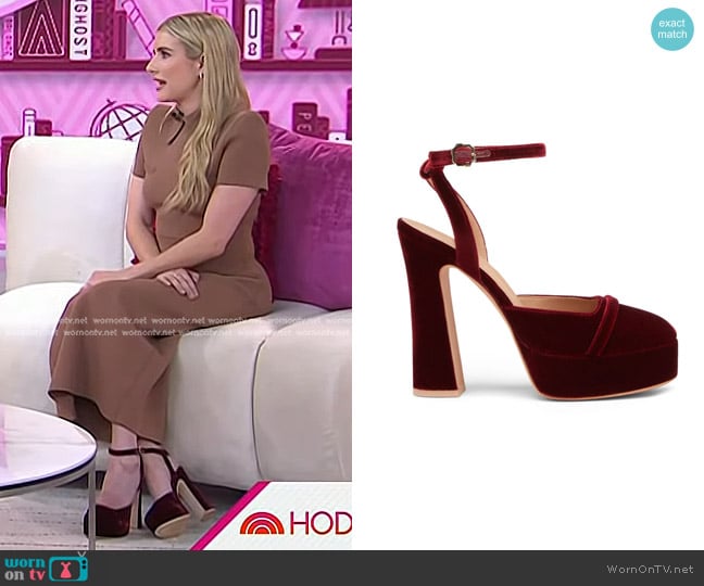 Malone Souliers Mora Platform Pumps in Red Velvet worn by Emma Roberts on Today