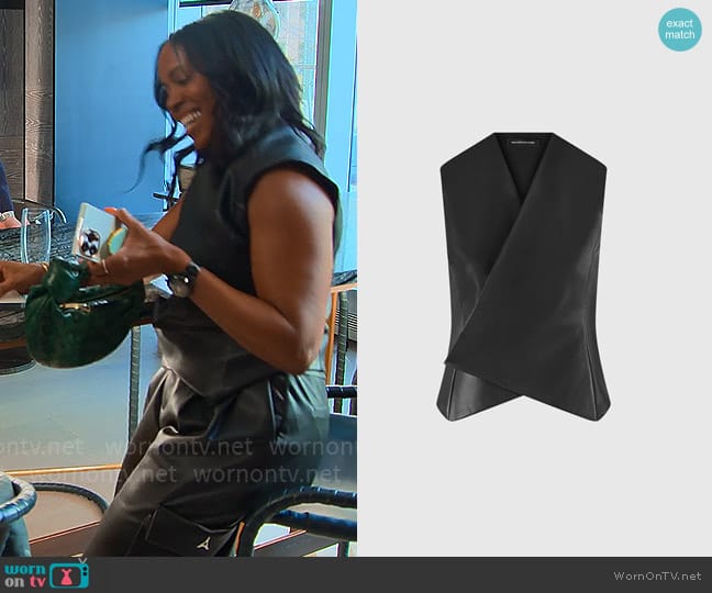 Maniere De Voir Vegan Leather Wrap Waistcoat worn by Tricia Lee Riley on Owning Manhattan