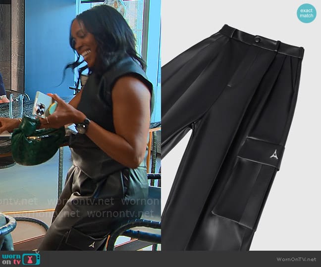 Maniere De Voir Vegan Leather Pleated Cargo Trousers worn by Tricia Lee Riley on Owning Manhattan