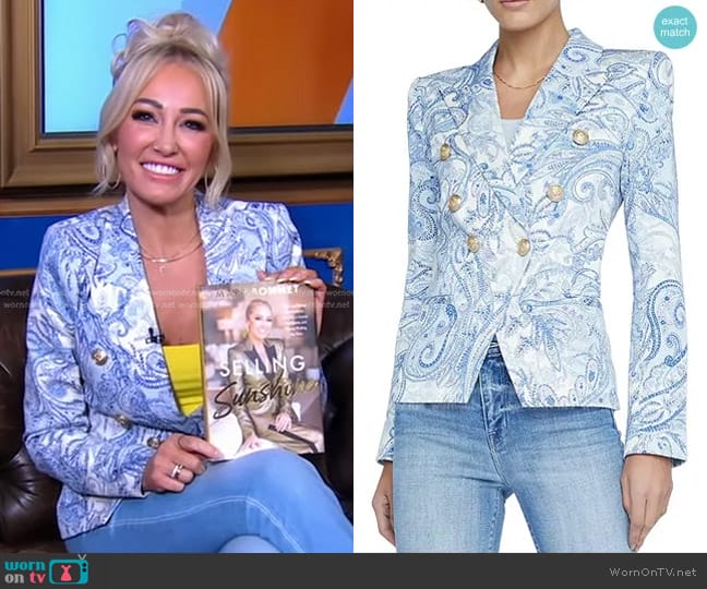 L'Agence Marie Printed Double Breasted Blazer in Ivory Blue worn by Mary Bonnet on Good Morning America