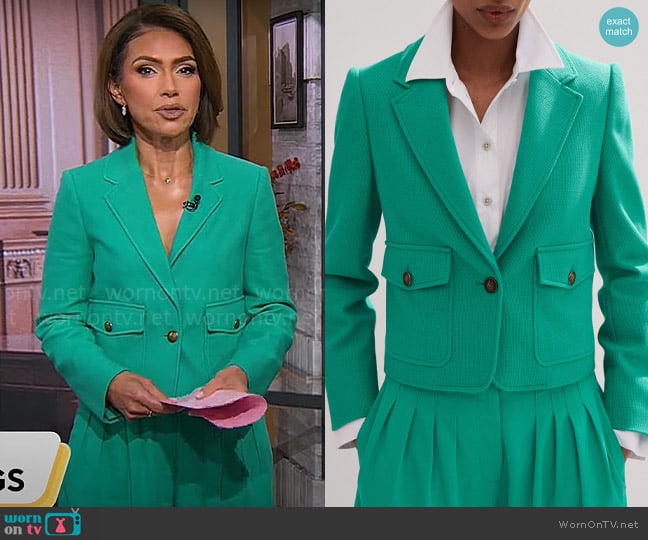 Me + Em Pop Color Crop Jacket in Topaz Green worn by Kristine Johnson on CBS Mornings