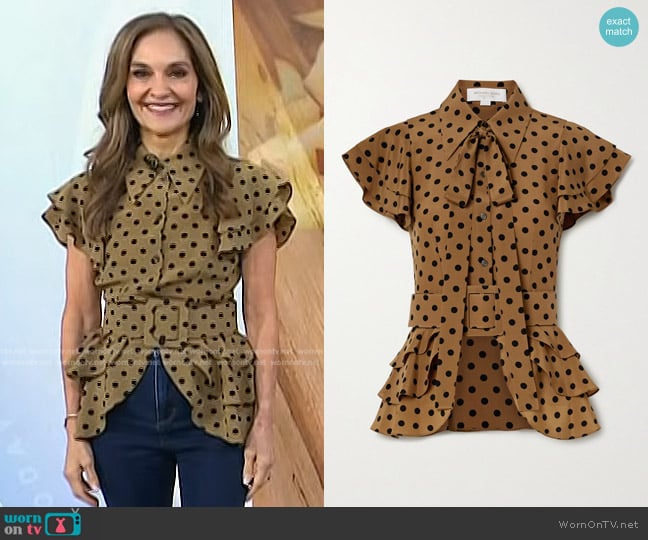 Michael Kors Ruffled Polka-dot Silk-crepe Top in Brown worn by Joy Bauer on Today