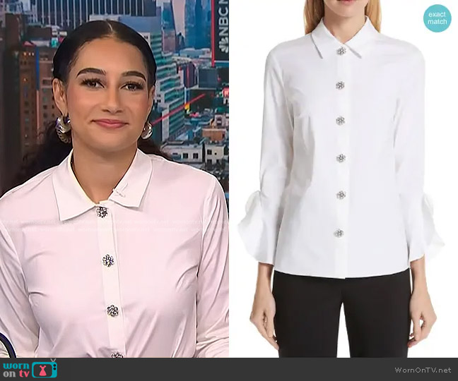 Michael Kors Ruffle Cuff Jeweled Button Blouse worn by Morgan Radford on NBC News Daily