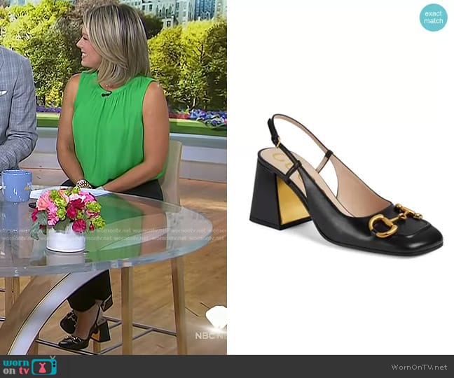 Gucci Lady Horsebit Leather Slingback Pumps in Nero worn by Dylan Dreyer on Today