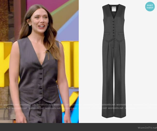 Moschino Suit in grain powder wool worn by Elizabeth Olsen on Live with Kelly and Mark