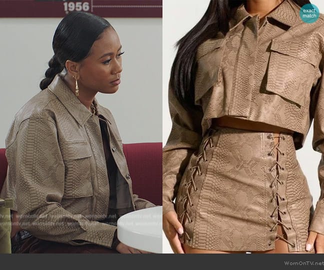 Naked Wardrobe The Cargo Cropped Jacket in Nude worn by Keisha (Netta Walker) on All American Homecoming