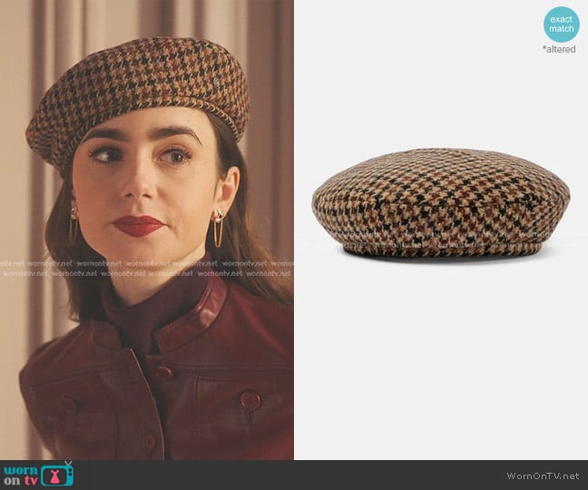 Maison Michel New Billy Checked Wool Beret worn by Emily Cooper (Lily Collins) on Emily in Paris