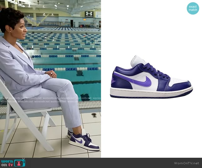 Nike Air Jordan 1 Low sneakers in purple & white worn by Jericka Duncan on CBS Evening News