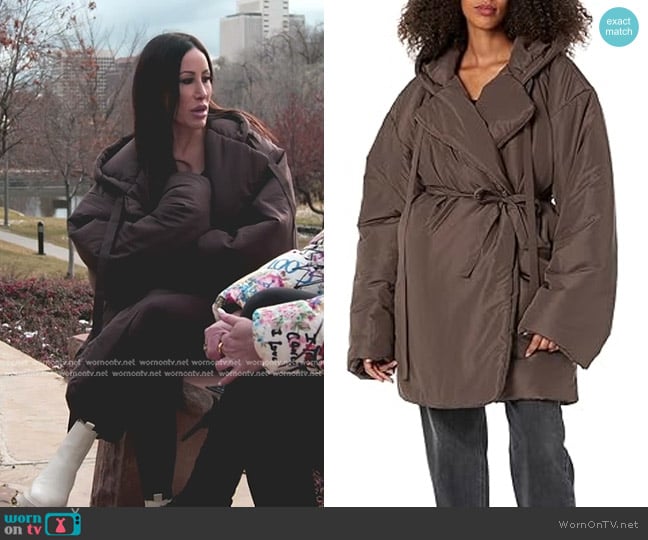 Norma Kamali Hooded Sleeping Bag Car Coat with Drawstrings in Chocolate worn by Angie Katsanevas on The Real Housewives of Salt Lake City