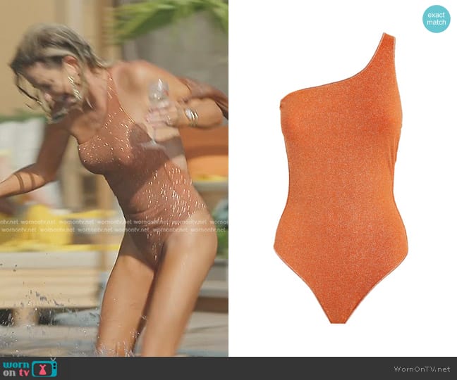 Oseree One-Shoulder Shine Swimsuit in Orange worn by Caroline Stanbury (Caroline Stanbury) on The Real Housewives of Dubai