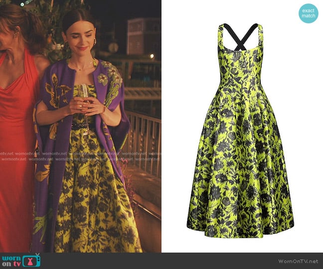 Philosophy Di Lorenzo Serafini Floral Dress in Giallo worn by Emily Cooper (Lily Collins) on Emily in Paris