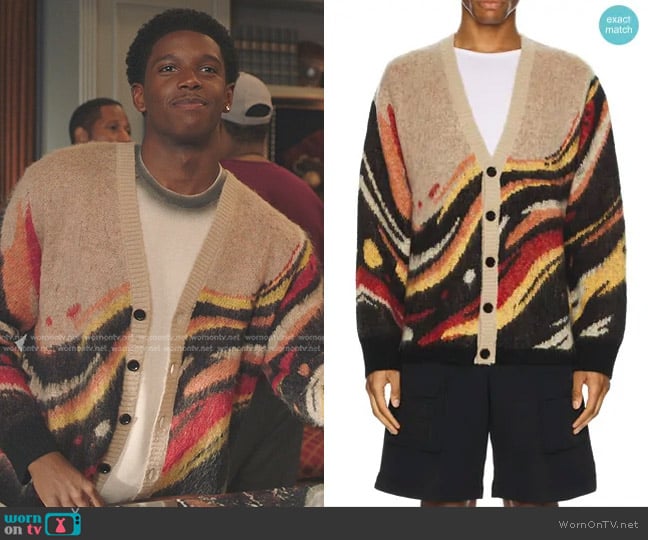 Market Paint Dept Cardigan in Khaki worn by Orlando Johnson (Martin Bobb-Semple) on All American Homecoming