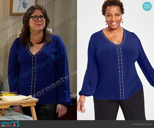 INC International Concepts Plus Size Studded V-Neck Blouson-Sleeve Top worn by Connie (Julie Dove) on Days of our Lives