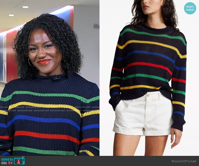 Polo Ralph Lauren Cotton Striped Roll-Neck Sweater in Hunter Navy Multi worn by Janai Norman on Good Morning America