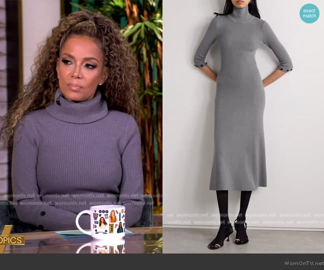 Proenza Schouler Jocelyn button-detailed ribbed-knit turtleneck midi dress worn by Sunny Hostin on The View