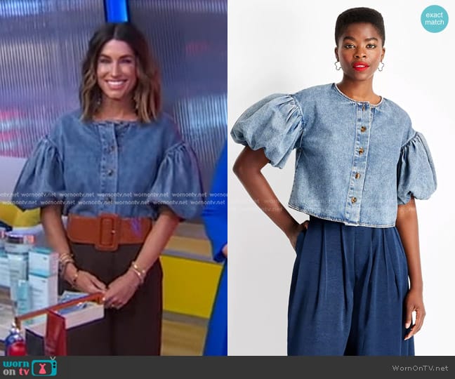 Future Collective Puff Short Sleeve Denim Top in Medium Wash worn by Jen Reed on Good Morning America