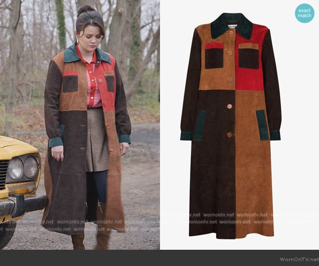 Rixo Milly Patchwork Suede Coat worn by Mabel Mora (Selena Gomez) on Only Murders in the Building