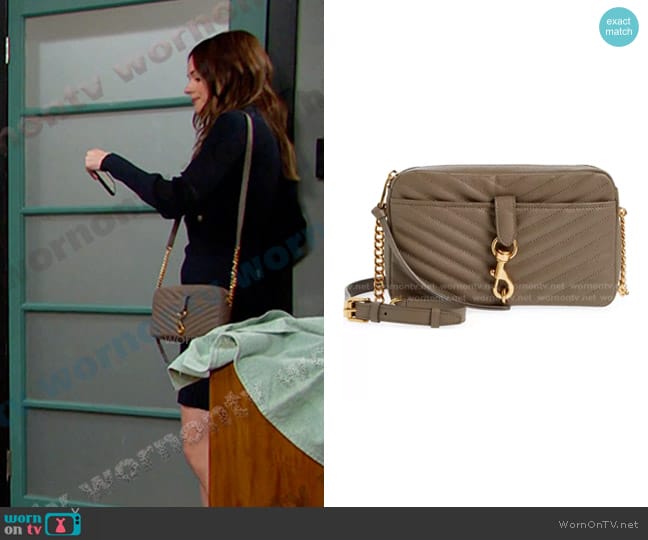 Rebecca Minkoff Edie Top Zip Leather Convertible Crossbody Bag in Deep Taupe worn by Stephanie Johnson (Abigail Klein) on Days of our Lives