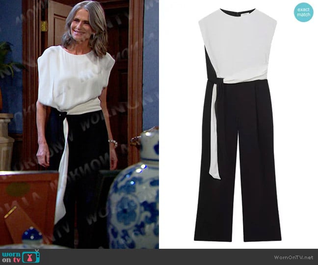 Reiss Alba Tie-Waist Crepe Jumpsuit in Black Cream worn by Fiona Cook (Serena Scott Thomas) on Days of our Lives