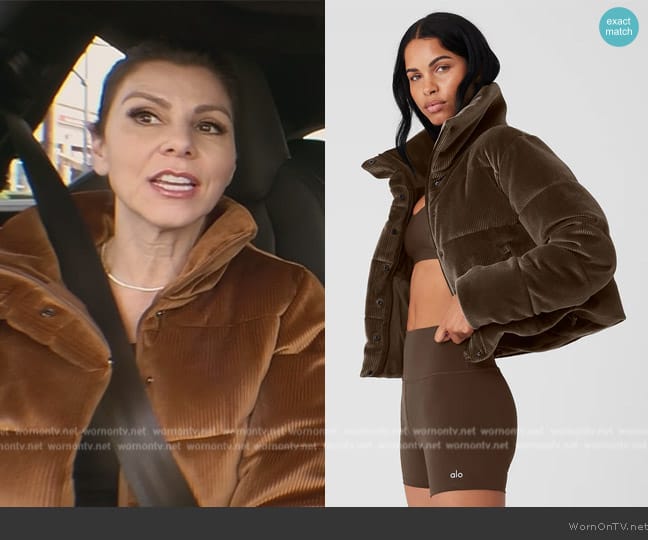 Alo Ribbed Velour Gold Rush Puffer Jacket worn by Heather Dubrow on The Real Housewives of Orange County