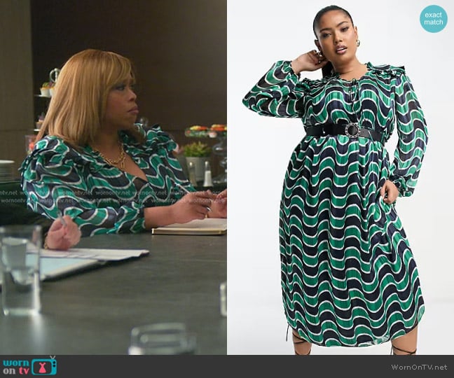 River Island Plus Geo Chiffon Belted Shirt Midi Dress in green worn by Krystal Walters (Angela Grovey) on Reasonable Doubt