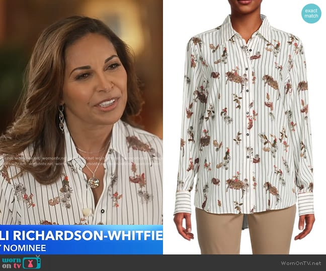 Robert Graham Carrie Print Striped Silk Blend Shirt worn by Salli Richardson-Whitfield on Good Morning America