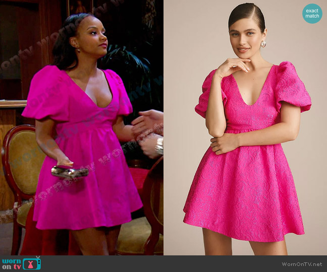 Sachin & Babi Puff-Sleeve V-Neck Taffeta Mini Dress worn by Chanel Dupree (Raven Bowens) on Days of our Lives