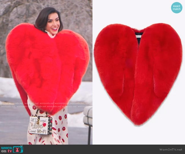 Saint Laurent Fox Fur Heart Cape in Red worn by Bronwyn Newport on The Real Housewives of Salt Lake City