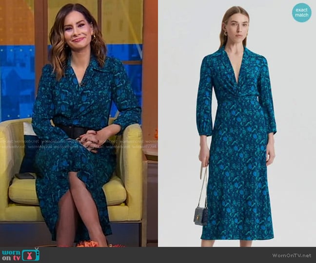 Scanlan Theodore Silk Botanical Dress in Navy worn by Rebecca Jarvis on Good Morning America