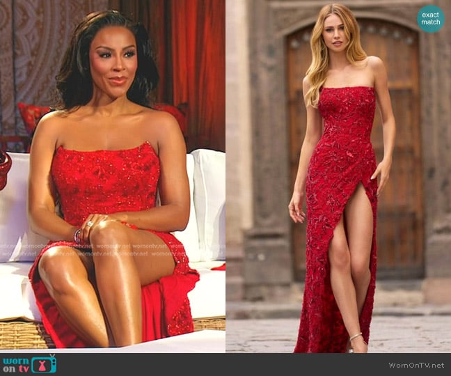 Caroline’s red beaded strapless dress on The Real Housewives of Dubai