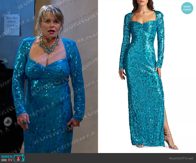 Sho by Tadashi Shoji Sweetheart Sequin Gown in Sea Breeze worn by Bonnie Lockhart (Judi Evans) on Days of our Lives