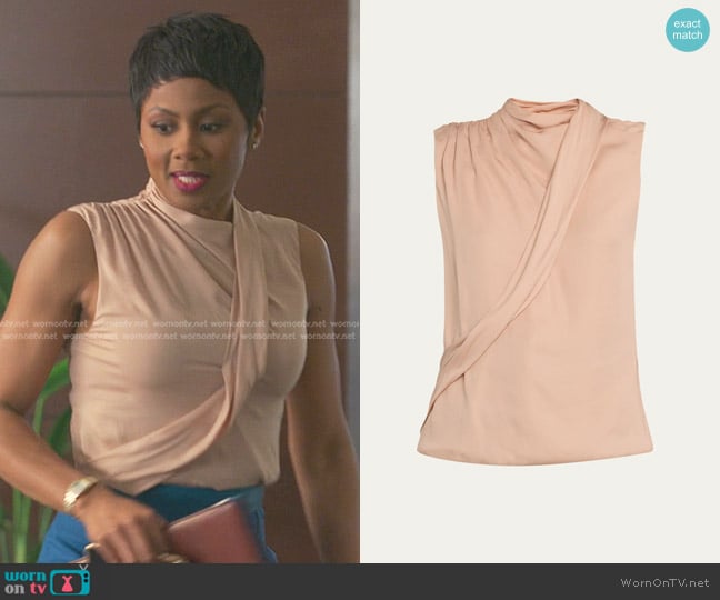 Giorgio Armani Silk Cross-Front Blouse worn by Jax Stewart (Emayatzy Corinealdi) on Reasonable Doubt