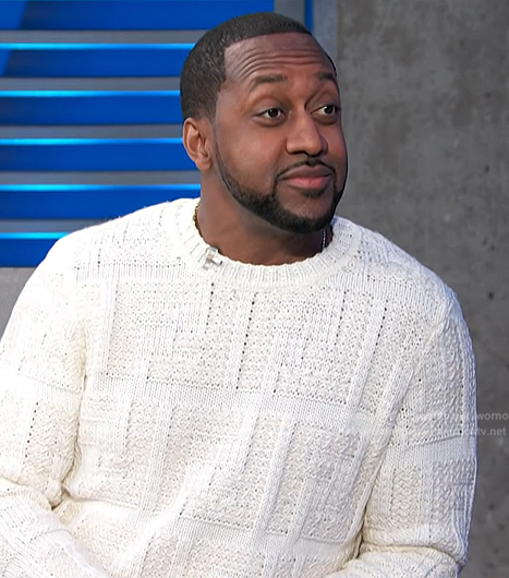 Jaleel White's white knit sweater on Access Hollywood