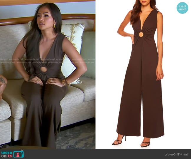 Susana Monaco Circle Wire Wide Leg Jumpsuit in Java worn by Jenn Tran on The Bachelorette