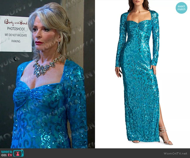 Sho by Tadashi Shoji Sweetheart Sequin Gown in Sea Breeze worn by Bonnie Lockhart (Judi Evans) on Days of our Lives