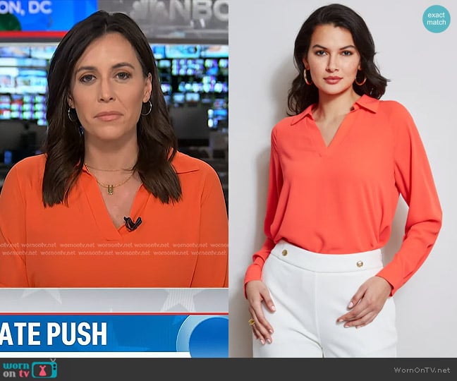 T Tahari Split Neck Long Sleeve Shirt in Dutch Tulip worn by Hallie Jackson on Today