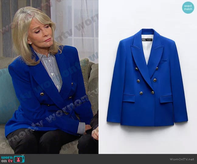 Zara Tailored Double Breasted Blazer in Bluish worn by Marlena Evans (Deidre Hall) on Days of our Lives