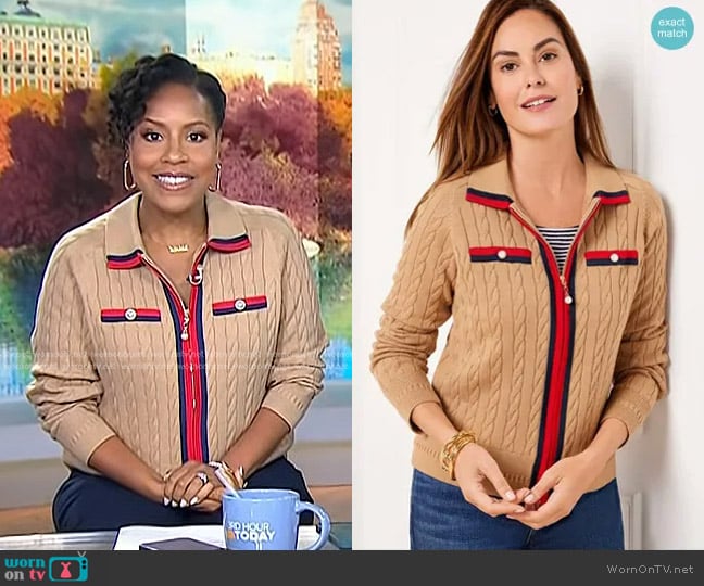 Talbots Cable Knit Sweater in Toasted Coconut/Indigo worn by Sheinelle Jones on Today