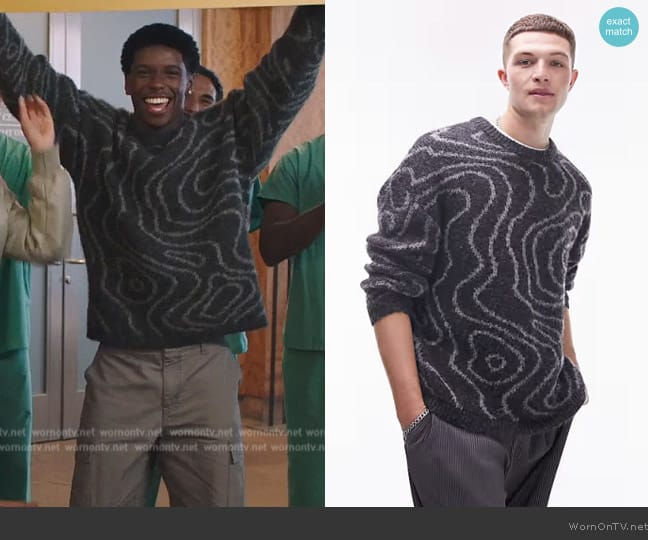 Topman fluffy swirl sweater in black worn by Orlando Johnson (Martin Bobb-Semple) on All American Homecoming