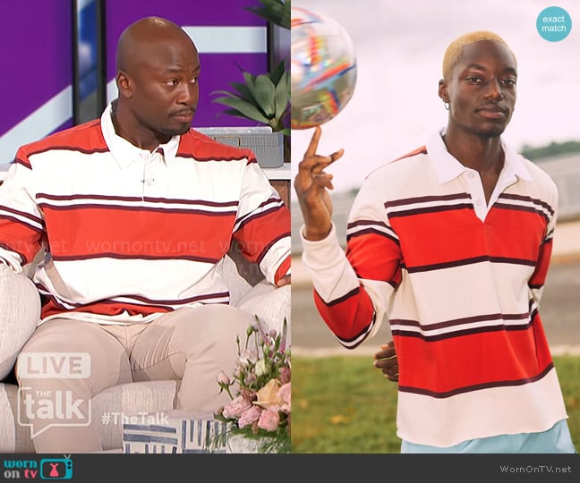 Urban Outfitters Richmond Stripe Rugby Shirt in Red worn by Akbar Gbajabiamila on The Talk