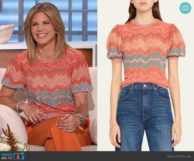 Ulla Johnson Priscilla Puff-sleeve Chevron-print Top In Sunrise worn by Natalie Morales on The Talk