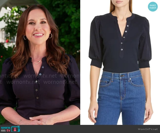 Lacey Chabert’s navy knit button top on Celebrations with Lacey Chabert