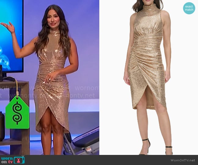 Manuela’s gold ruched sequin dress on The Price is Right