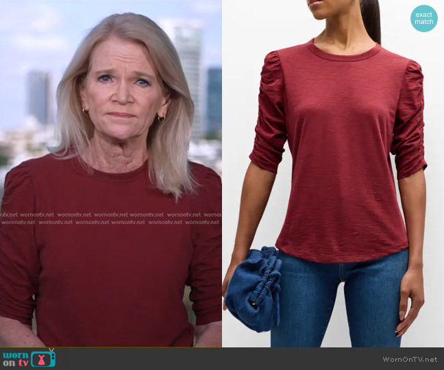 Veronica Beard Waldorf Ruched-Sleeve Cotton Tee worn by Martha Raddatz on Good Morning America