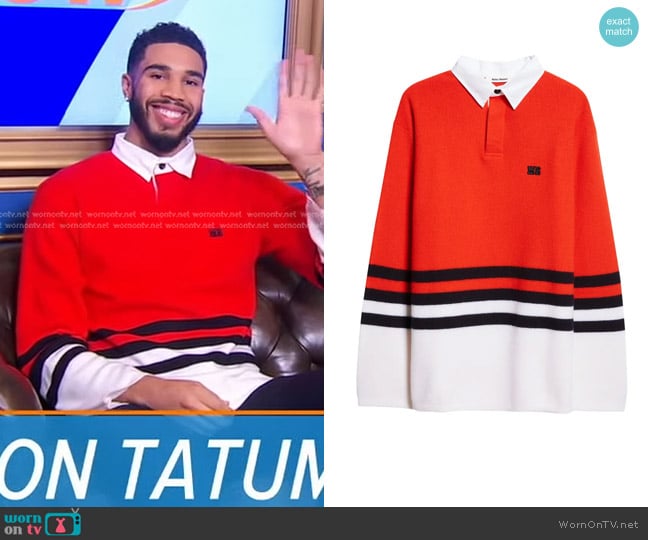 Wales Bonner Cypher Polo Sweater in Red Multi worn by Jayson Tatum on Good Morning America