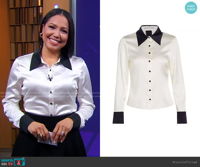 Alice + Olivia Willa Silk Fitted Shirt in Off White/ Black worn by Stephanie Ramos on Good Morning America