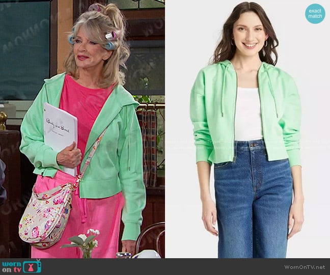 Universal Thread Cropped Full Zip Hoodie Sweatshirt in Green worn by Hattie Adams (Deidre Hall) on Days of our Lives