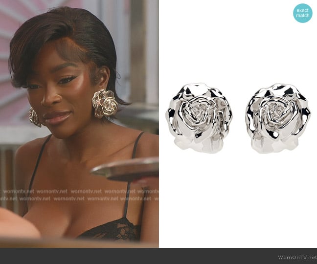 Y-Project Silver Metal Rose Earrings worn by Chelsea Lazkani on Selling Sunset